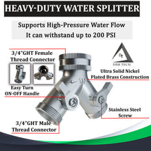 Load image into Gallery viewer, Heavy Duty 2 Way Hose Splitter (Superior Durability Nickel Plated Brass)